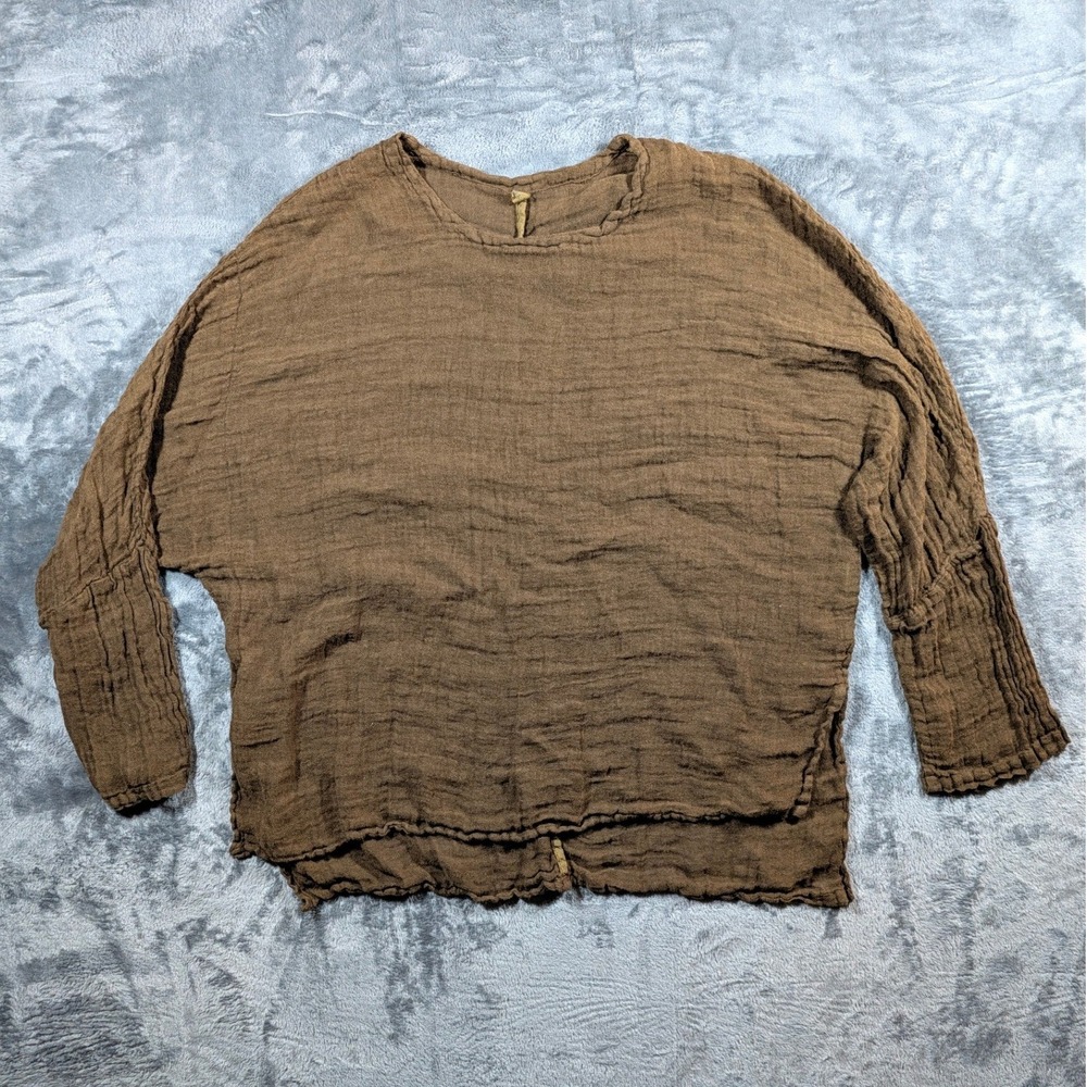 Crinkle Gauze Cotton Batwing Top L Brown Minimalist Lagenlook Boho